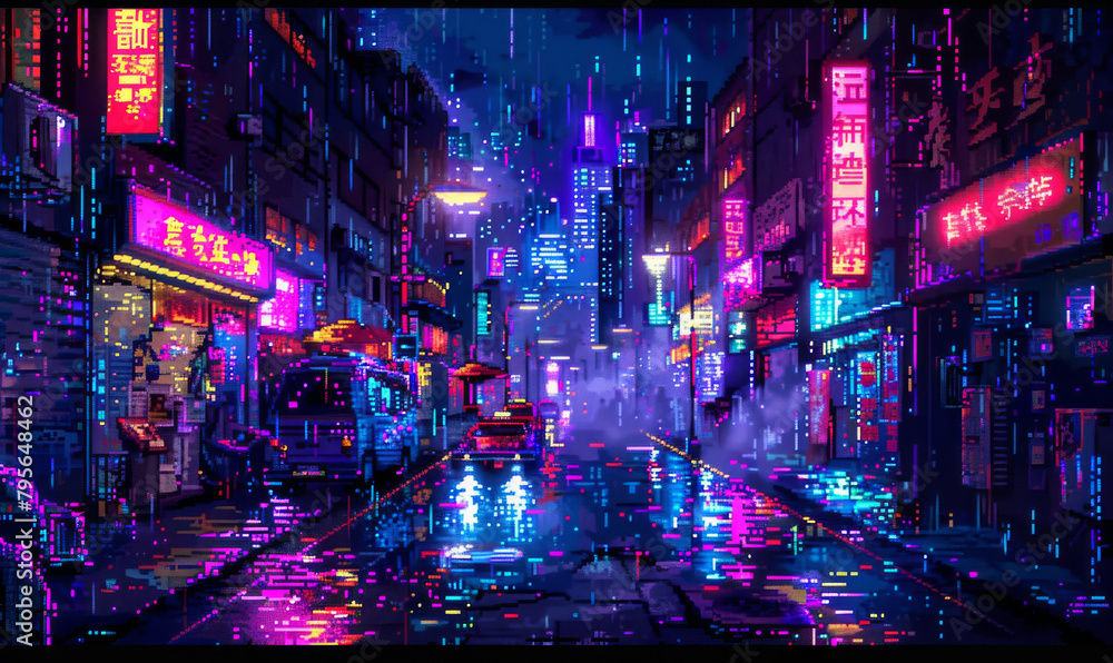 A mesmerizing depiction of a cyberpunk neon-lit city street bathed in the glow of futuristic lights against the backdrop of the night sky