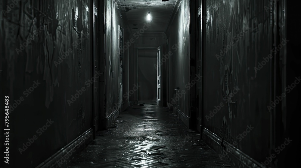 Dark photograph of an empty hallway with one door slightly open, evoking the terror of what is hidden behind.