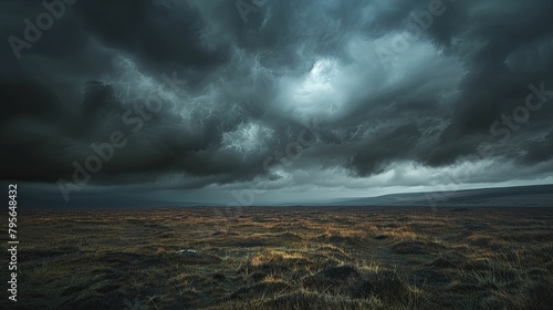 A desolate moor under dark, ominous clouds, captured in a photograph radiating an aura of impending doom, perfect for dark fantasies. photo