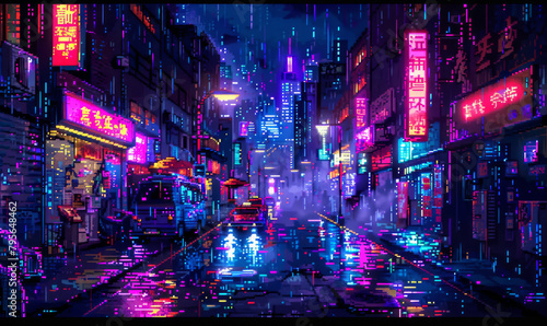 A mesmerizing depiction of a cyberpunk neon-lit city street bathed in the glow of futuristic lights against the backdrop of the night sky