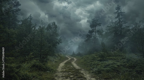 Dark forest path under a stormy sky, photograph conveying the threat of natural and supernatural forces, great for adventure horror stories.