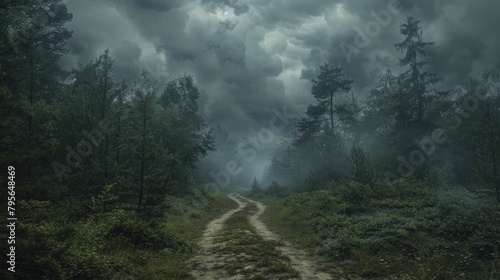 Dark forest path under a stormy sky, photograph conveying the threat of natural and supernatural forces, great for adventure horror stories. photo