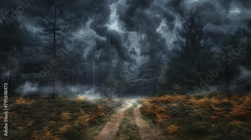 Explore the eerie ambiance of a shadowy woodland trail beneath a tumultuous sky  hinting at both earthly and otherworldly perils.