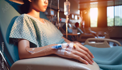 Close up young or teenager patient lying on hospital bed while receiving an intravenous saline drip to recover from illness. healthcare treatment concept photo