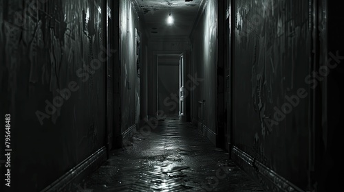 Dark photograph of an empty hallway with one door slightly open, evoking the terror of what is hidden behind.