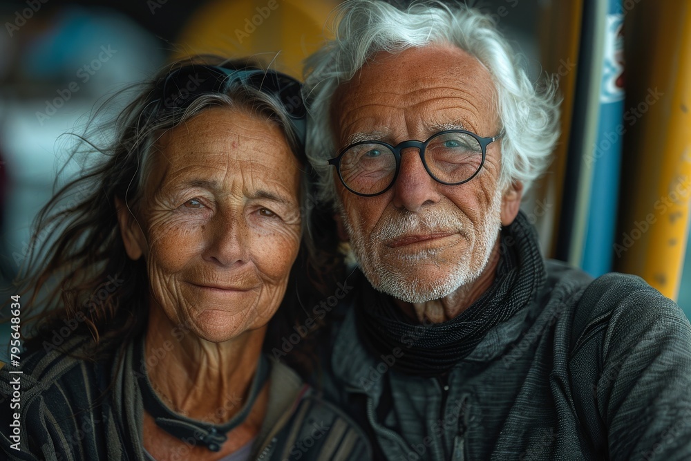 Close-up portrait of an elderly couple with warm expressions and signs of aging on their faces Close-up portrait of an elderly couple with warm expressions and signs of aging on their faces
