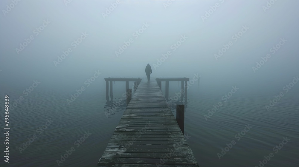 A mysterious presence looms at the pier's edge in dense fog, the eerie image evoking an unsettling sense of anticipation and dread.