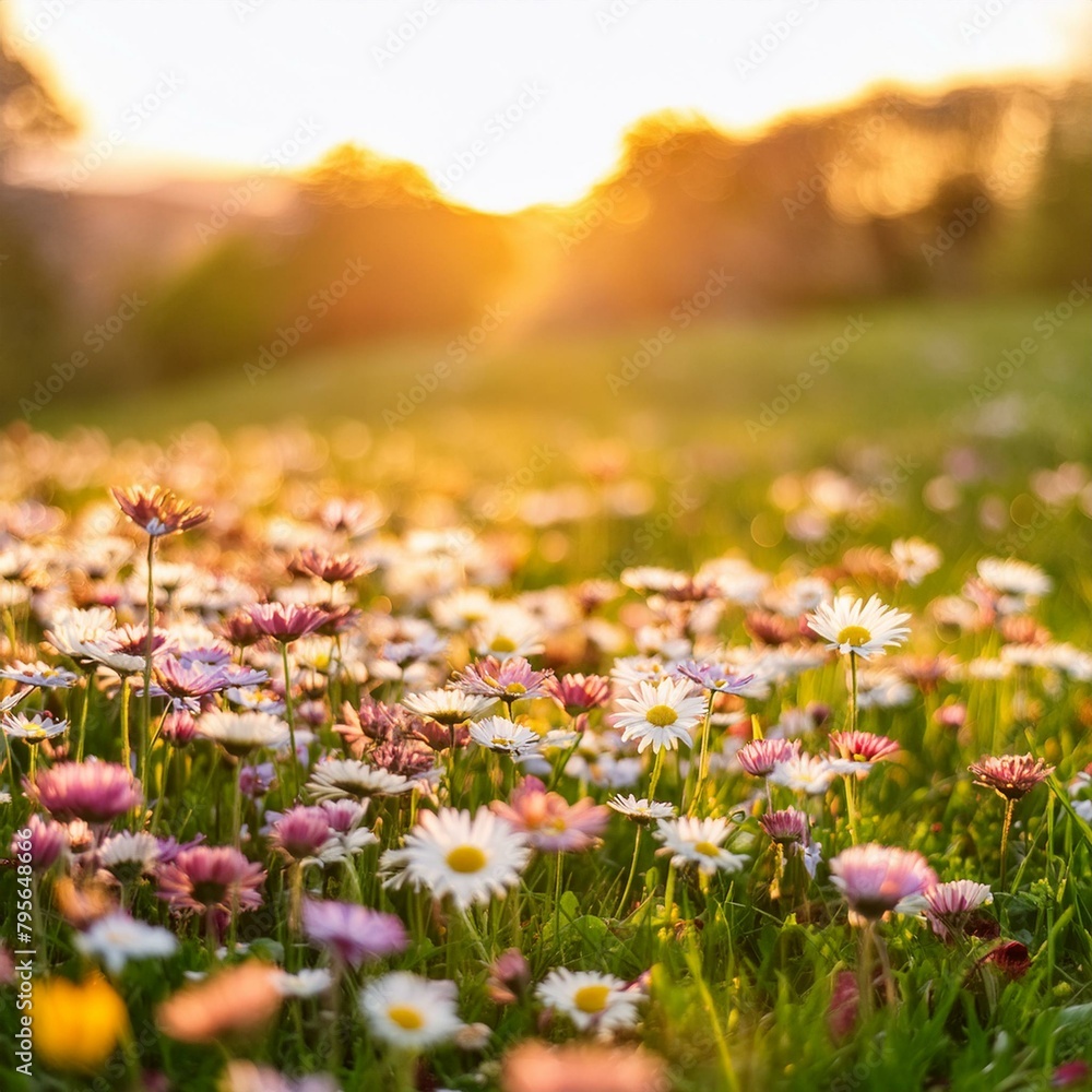 A serene spring vista welcomes the eye with a carpet of vibrant meadow flowers and cheerful daisies nestled among verdant grass.