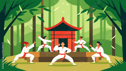A dojo built in the middle of a bamboo forest harmonizing with the swaying movements of the trees and the focus of the martial artists.
