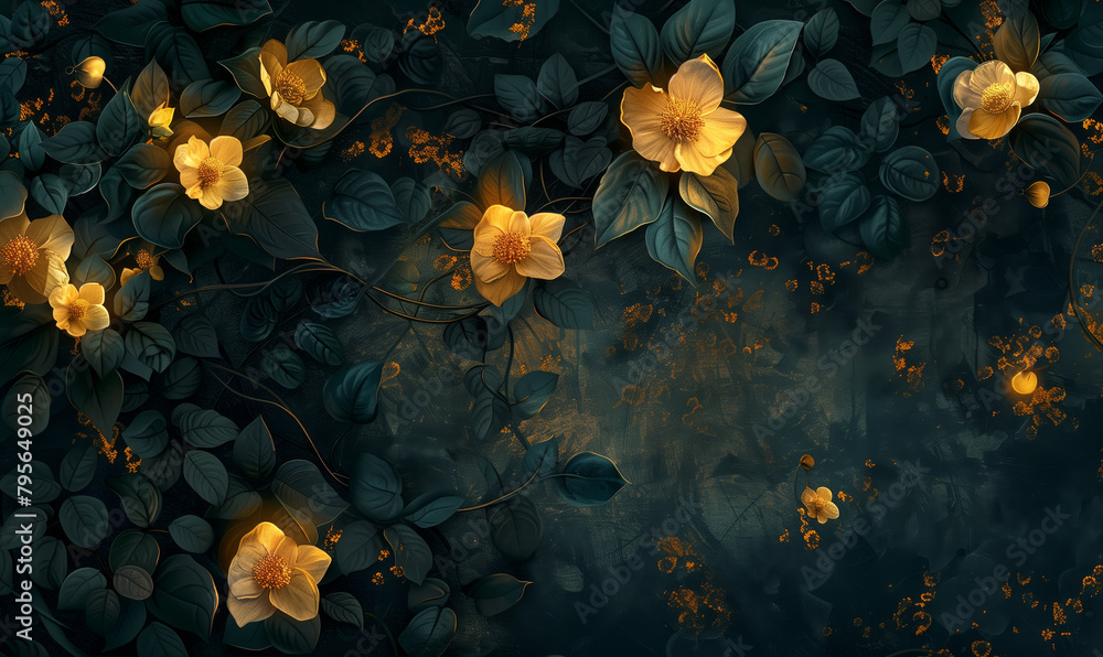Mystical, textured wallpaper with glowing golden flowers and deep green leaves, creating an enchanting atmosphere suitable for a variety of design projects Mystical, textured wallpaper with glowing golden flowers and deep green leaves, creating an enchanting atmosphere suitable for a variety of design projects