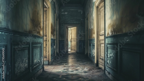 The mysterious hallway with creaking doors hints at untold fears and spectral tales waiting to be unraveled. photo