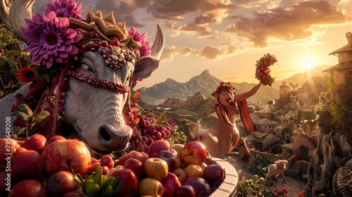  A woman holds a bouquet of flowers next to a cow, presenting it with a cluster of fruits before her