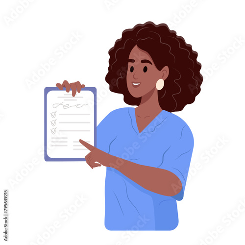 WeA family doctor with medical records, paper prescriptions on clipboard, examination reports, health certificates. Vector illustration isolated on white background.b