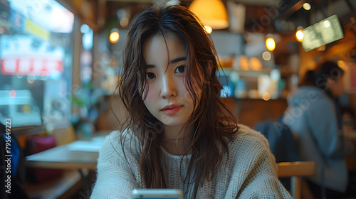 A fashionable young mixed-race Asian-Caucasian woman in her 20s, engaging in urban city lifestyle inside a trendy cafe.