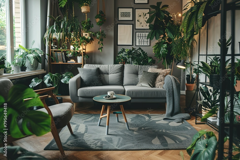 Fototapeta premium contemporary scandinavian stylish interior of living room with design grey sofa, armchair, a lot of plants, coffee table, carpet and personal accessories in cozy home decor. Template