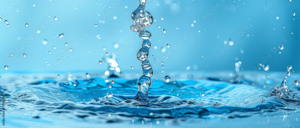 Close-up of water splashing on blue body of water's surface Blue sky in background Close-up of water splashing on blue body of water's surface Blue sky in background