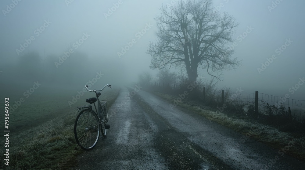 A mysterious tale unfolded by a vintage bicycle left on a misty road, hinting at ghostly journeys and vanishing acts.