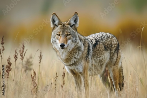 A coyote is standing in a field of tall grass. Concept of wildness and freedom  as the coyote is in its natural habitat