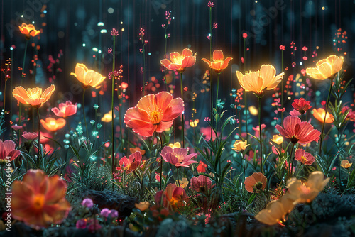 A digital garden of glowing flora and fauna, blooming in vibrant colors against a backdrop of darkened pixels.