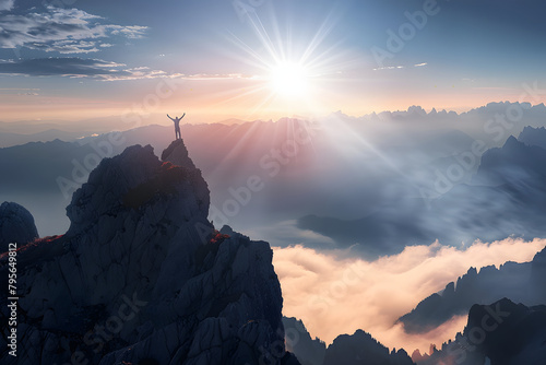 Bergsteiger auf einem Gipfel im Gebirge bei Nebel photo