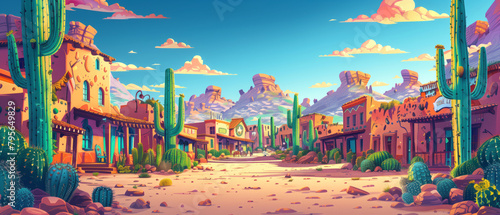Show a desert town bustling with Cinco de Mayo festivities, with cacti decorated in bright colors, banner wallpaper © OHMAl2T
