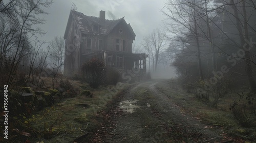 Explore the eerie allure of a foggy path to an abandoned haunted house, a photo beckoning the curious into the realm of mystery.