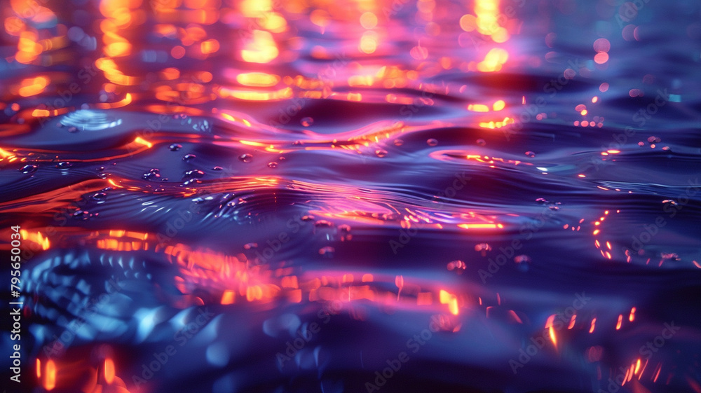 A mesmerizing display of neon lights reflected on rippling water, transforming the surface into a canvas of ever-shifting colors and shapes.