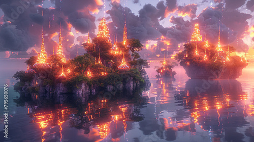 A surreal dreamscape of floating islands adorned with glowing crystals, their reflections casting shimmering trails on the pixelated waters below.
