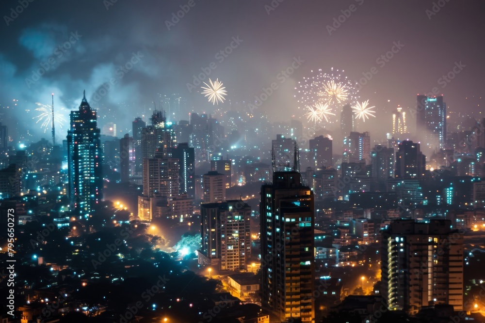 Beautiful Mumbai's skyline illuminated by spectacular fireworks. Ai generated Beautiful Mumbai's skyline illuminated by spectacular fireworks. Ai generated