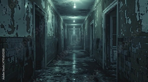 Explore the chilling depths of an abandoned asylum through a gloomy corridor with flickering lights, capturing an eerie atmosphere for horror enthusiasts.
