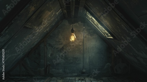 An eerie photograph of a dim attic room, with a flickering lightbulb, encapsulates a haunting and claustrophobic ambiance, perfect for thrillers. photo
