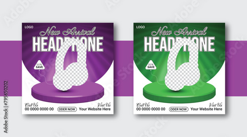 Social media headphone post vector template design