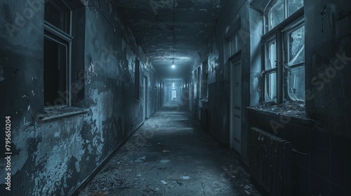 Step into the chilling depths of an abandoned asylum's eerie corridor, where flickering lights cast shadows of forgotten horrors.