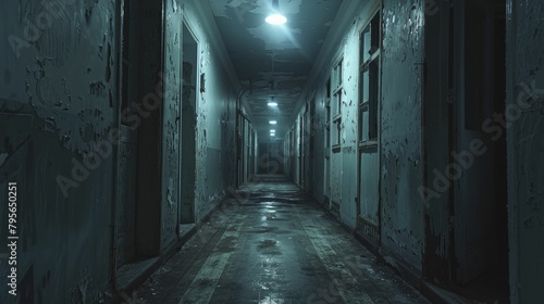 Step into the chilling embrace of a forsaken asylum's shadowy corridor, where flickering lights cast an eerie spell perfect for horror enthusiasts. photo