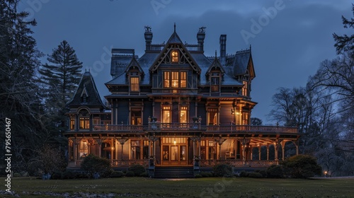 Capturing the eerie charm of history, a haunted Victorian mansion, photographed at night, exudes grandeur and ghostly tales of bygone eras.