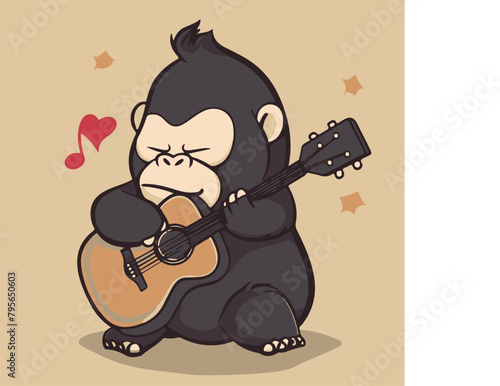 Funny Gorilla is Play Guitar Vector Illustration of Artistic Character Design