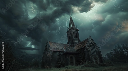 Menacing storm clouds loom over an old church in a photograph exuding a dramatic and foreboding atmosphere, perfect for apocalyptic themes.