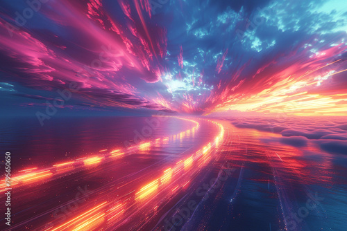 Dynamic streaks of light streaking across a virtual skyline, painting the horizon with vibrant hues of neon and pastel. photo