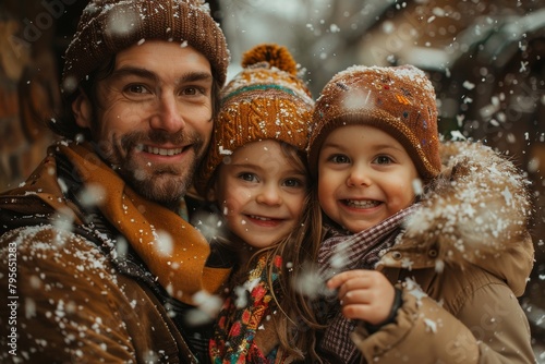 A happy father wrapped in winter clothes with twin daughters amidst falling snow