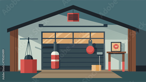 A garage converted into a spacious home dojo featuring a punching bag weightlifting equipment and motivational posters adorning the walls.