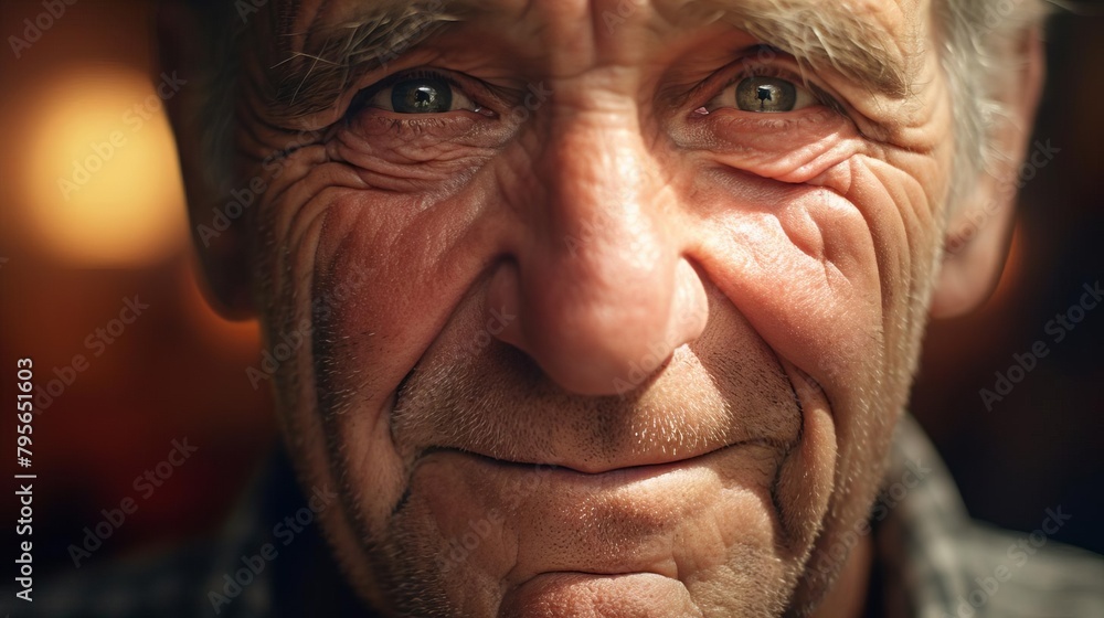 Highresolution closeup of an elderly mans face showing genuine happiness, emphasizing the smile lines and sparkling eyes Highresolution closeup of an elderly mans face showing genuine happiness, emphasizing the smile lines and sparkling eyes