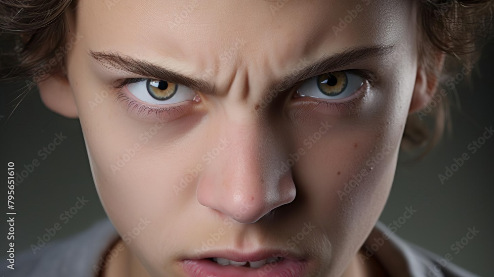 Detailed closeup stock photo of a young adult models face expressing anger, featuring sharp focus on the eyes and mouth, against a neutral background Detailed closeup stock photo of a young adult models face expressing anger, featuring sharp focus on the eyes and mouth, against a neutral background