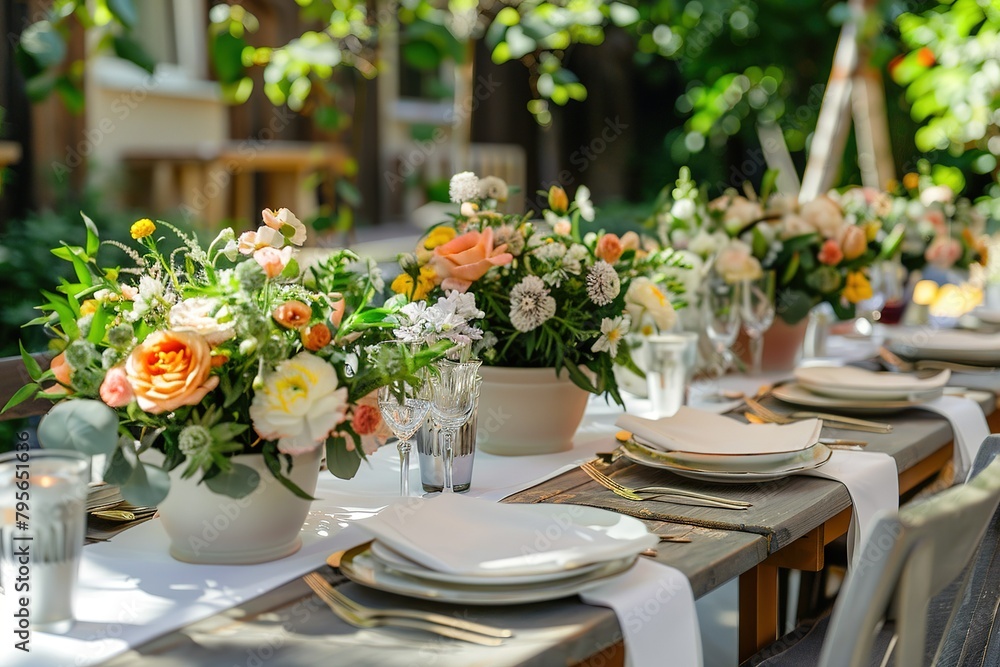 Flower table decorations for holidays and wedding dinner. Table set for holiday, event, party or wedding reception in outdoor restaurant Flower table decorations for holidays and wedding dinner. Table set for holiday, event, party or wedding reception in outdoor restaurant