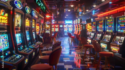 Bright Casino Interior with Rows of Slot Machines and Vibrant Lights