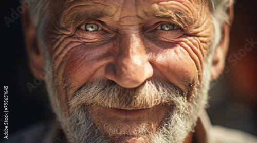 Highresolution closeup of an elderly mans face showing genuine happiness  emphasizing the smile lines and sparkling eyes