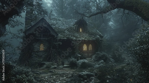 A mysterious old witch's cottage nestled in a shadowy forest, captured under haunting natural light, ideal for magical folklore. photo