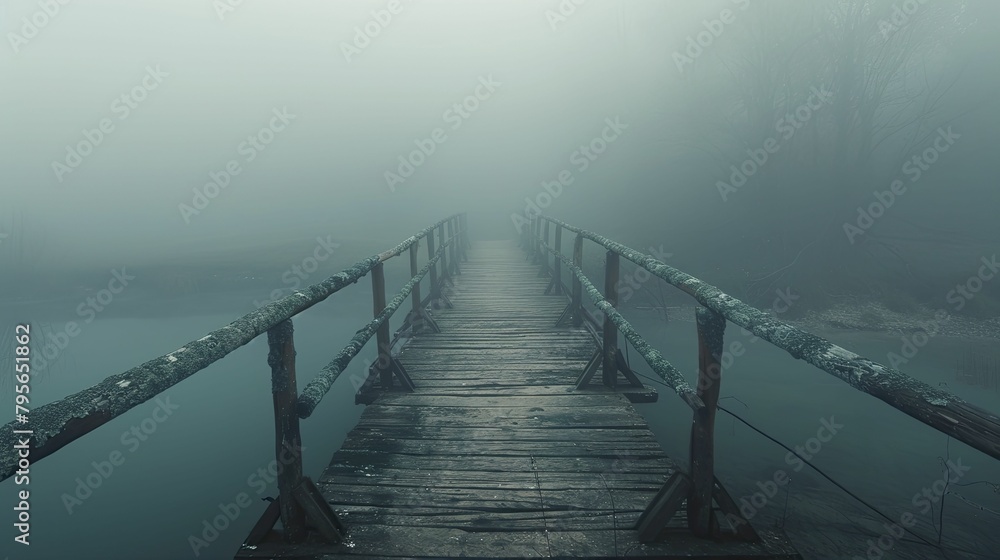 Fototapeta premium A haunting aura envelops the abandoned bridge in the misty backdrop, inviting eerie whispers and mysterious tales.