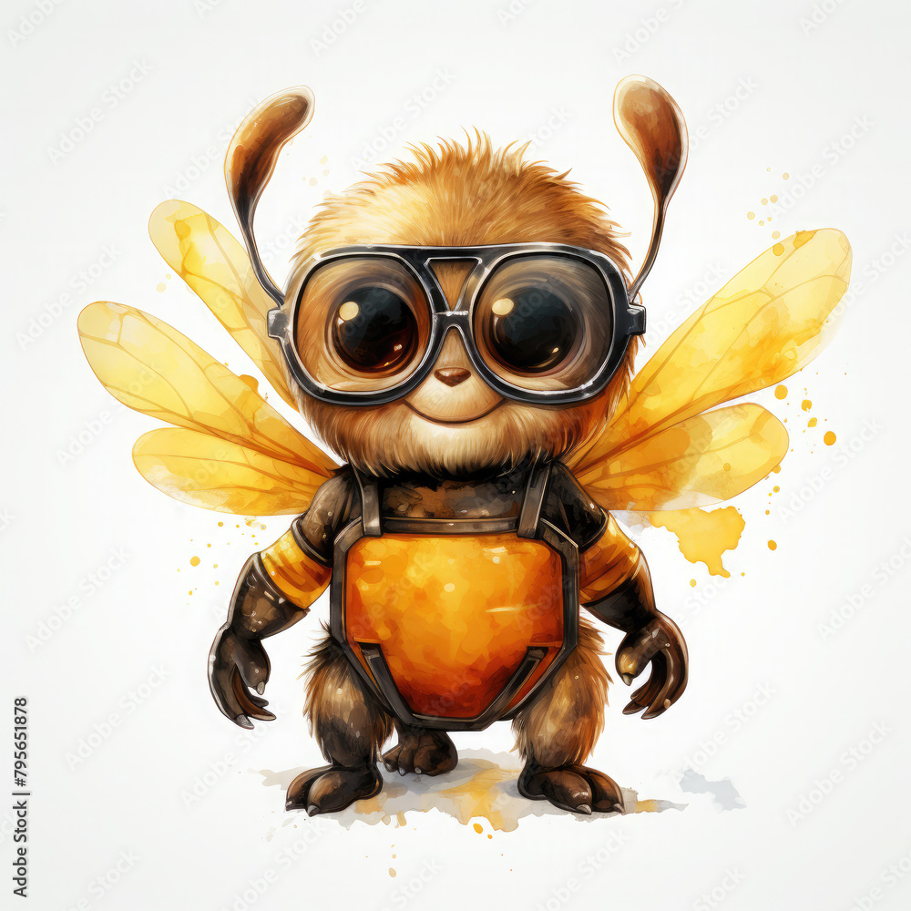 Naklejka premium Watercolor bee wearing sunglasses, clipart Illustration, Generative Ai
