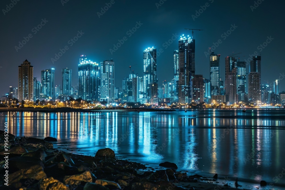 Fototapeta premium Beautiful Mumbai's skyline illuminated by spectacular fireworks. Ai generated