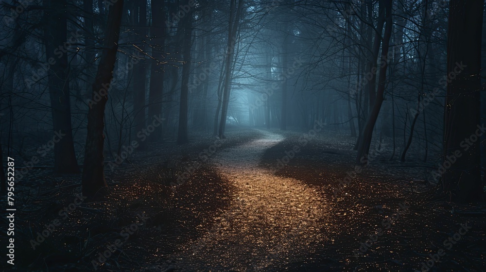Photograph of a dimly lit pathway leading into a dark forest, evoking the fear of what lies within, perfect for thriller and horror stories. Photograph of a dimly lit pathway leading into a dark forest, evoking the fear of what lies within, perfect for thriller and horror stories.